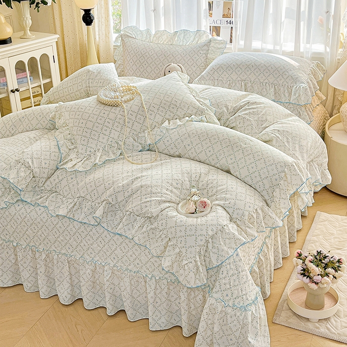 91家纺网 家纺一手货源 找家纺 孟鑫家纺 2026韩版法式公主风水洗棉床盖款多功能二合一被套 夏被床盖四件套-小清新系列 森林茶会