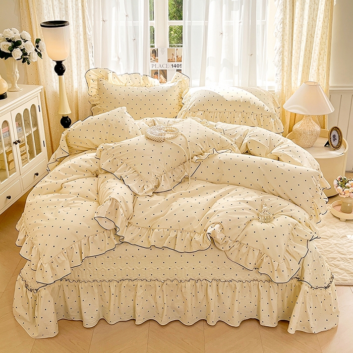 91家纺网 家纺一手货源 找家纺 孟鑫家纺 2026韩版法式公主风水洗棉床盖款多功能二合一被套 夏被床盖四件套-小清新系列 波点