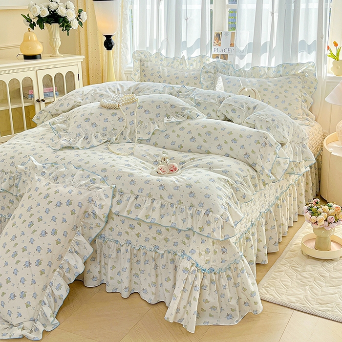 91家纺网 家纺一手货源 找家纺 孟鑫家纺 2026韩版法式公主风水洗棉床盖款多功能二合一被套 夏被床盖四件套-小清新系列 莫奈花园