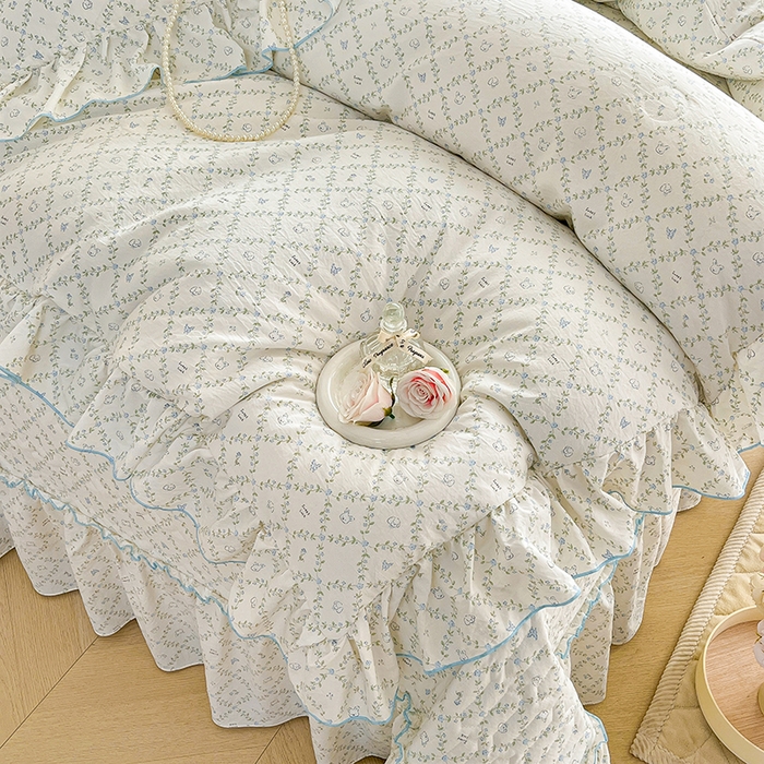 91家纺网 家纺一手货源 找家纺 孟鑫家纺 2026韩版法式公主风水洗棉床盖款多功能二合一被套 夏被床盖四件套-小清新系列 森林茶会