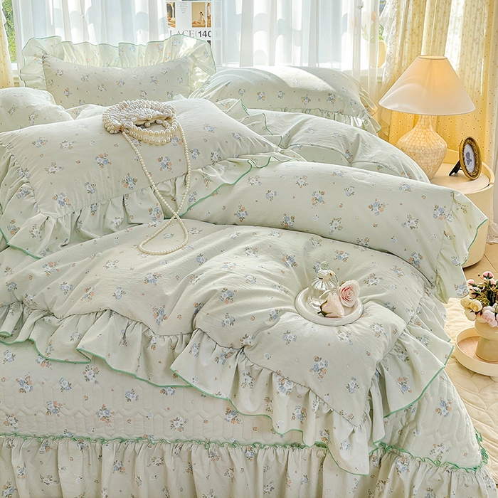 91家纺网 家纺一手货源 找家纺 孟鑫家纺 2026韩版法式公主风水洗棉床盖款多功能二合一被套 夏被床盖四件套-小清新系列 零星花枝