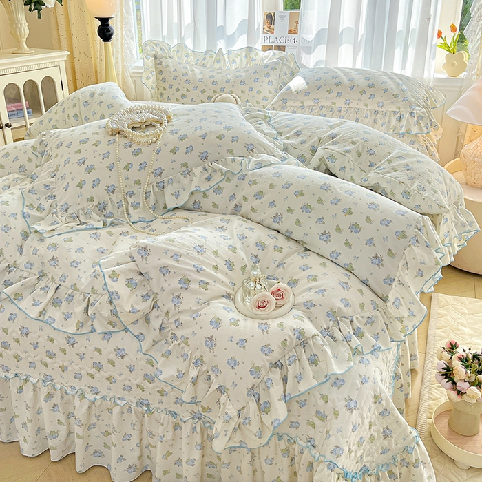 91家纺网 家纺一手货源 找家纺 孟鑫家纺 2026韩版法式公主风水洗棉床盖款多功能二合一被套 夏被床盖四件套-小清新系列 莫奈花园