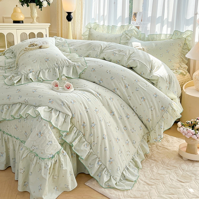 91家纺网 家纺一手货源 找家纺 孟鑫家纺 2026韩版法式公主风水洗棉床盖款多功能二合一被套 夏被床盖四件套-小清新系列 零星花枝