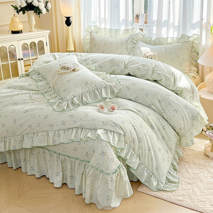 91家纺网 家纺一手货源 找家纺 孟鑫家纺 2026韩版法式公主风水洗棉床盖款多功能二合一被套 夏被床盖四件套-小清新系列 零星花枝