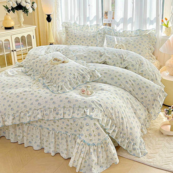 91家纺网 家纺一手货源 找家纺 孟鑫家纺 2026韩版法式公主风水洗棉床盖款多功能二合一被套 夏被床盖四件套-小清新系列 莫奈花园