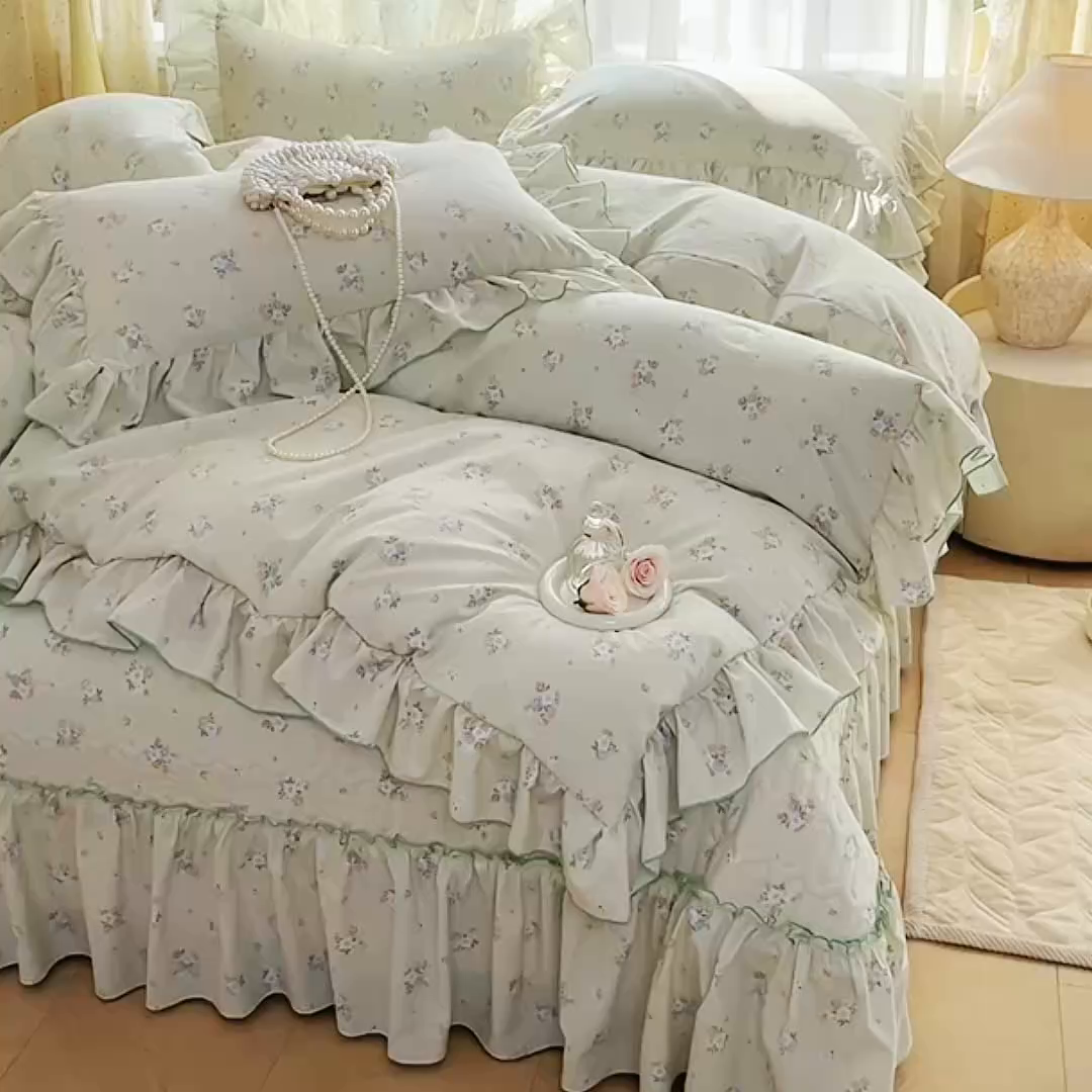 91家纺网 家纺一手货源 找家纺 孟鑫家纺 2026韩版法式公主风水洗棉床盖款多功能二合一被套 夏被床盖四件套-小清新系列 零星花枝