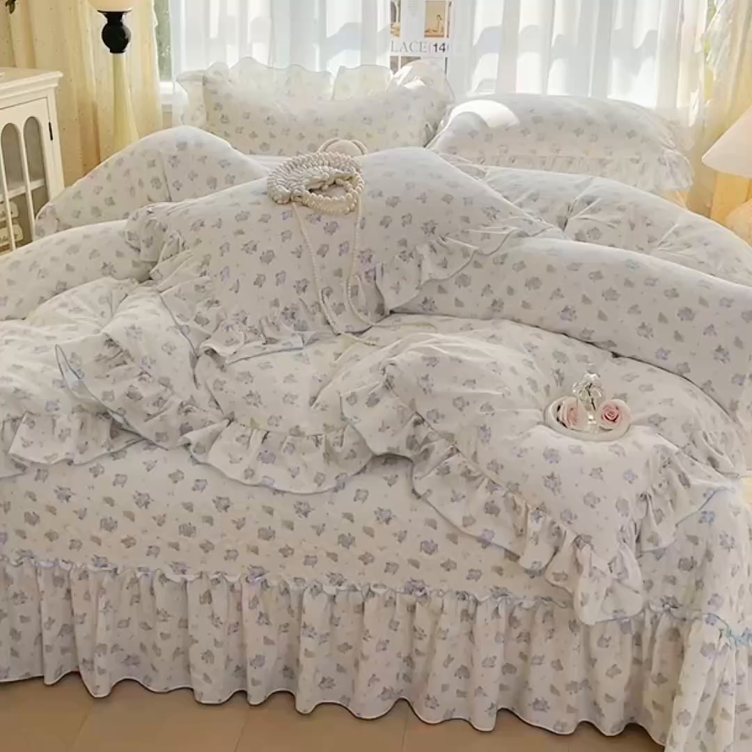 91家纺网 家纺一手货源 找家纺 孟鑫家纺 2026韩版法式公主风水洗棉床盖款多功能二合一被套 夏被床盖四件套-小清新系列 莫奈花园