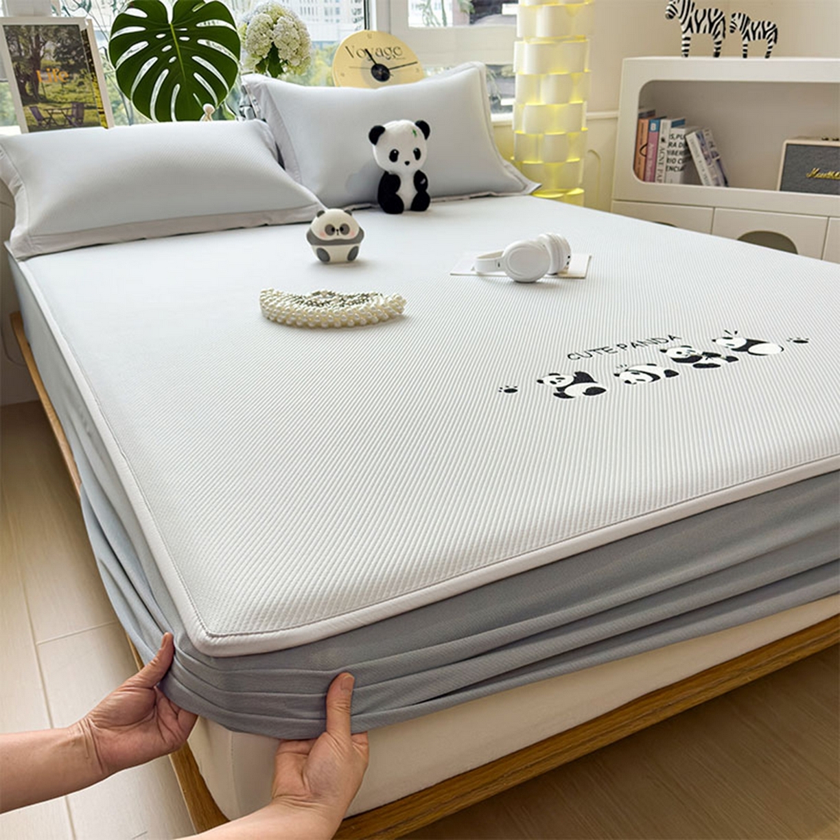 91家纺网 家纺一手货源 找家纺 莱家富 2026新款可机洗冰豆豆冰丝席凉席a类母婴级凉感值过0.21夏天床笠款软席子夏季 床笠款-熊猫团子