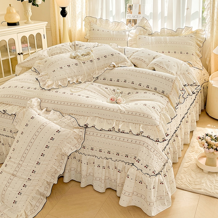 孟鑫家纺 2026韩版法式公主风水洗棉床盖款多功能二合一被套 夏被床盖四件套-小清新系列 桃心小镇