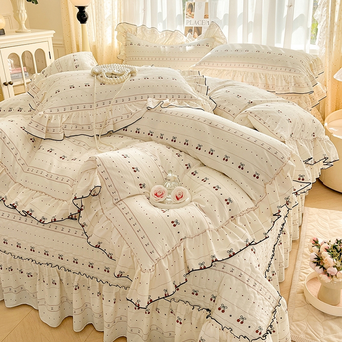 91家纺网 家纺一手货源 找家纺 孟鑫家纺 2026韩版法式公主风水洗棉床盖款多功能二合一被套 夏被床盖四件套-小清新系列 桃心小镇