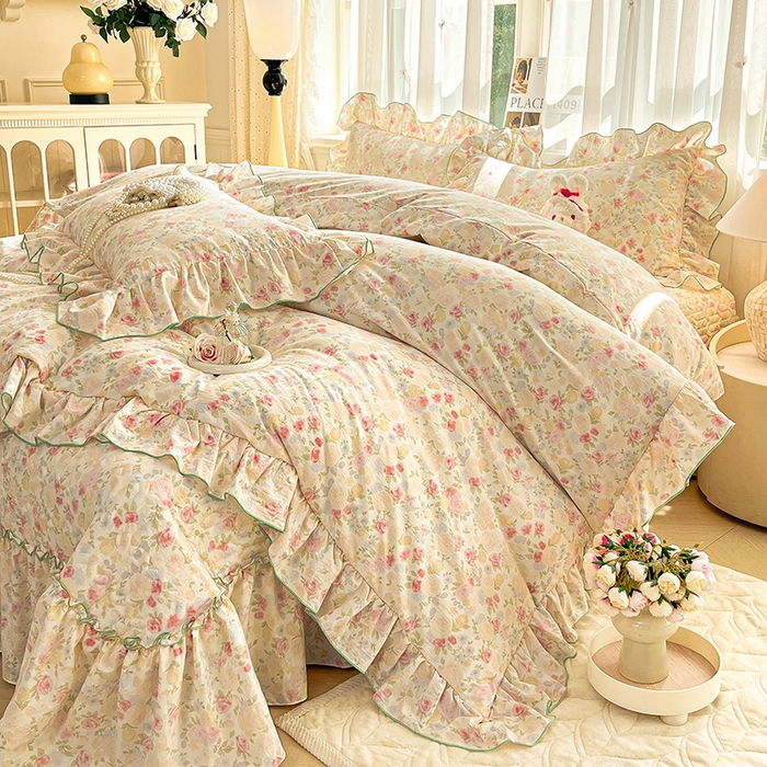 91家纺网 家纺一手货源 找家纺 孟鑫家纺 2026韩版法式公主风水洗棉床盖款多功能二合一被套 夏被床盖四件套-小清新系列 春日礼盒