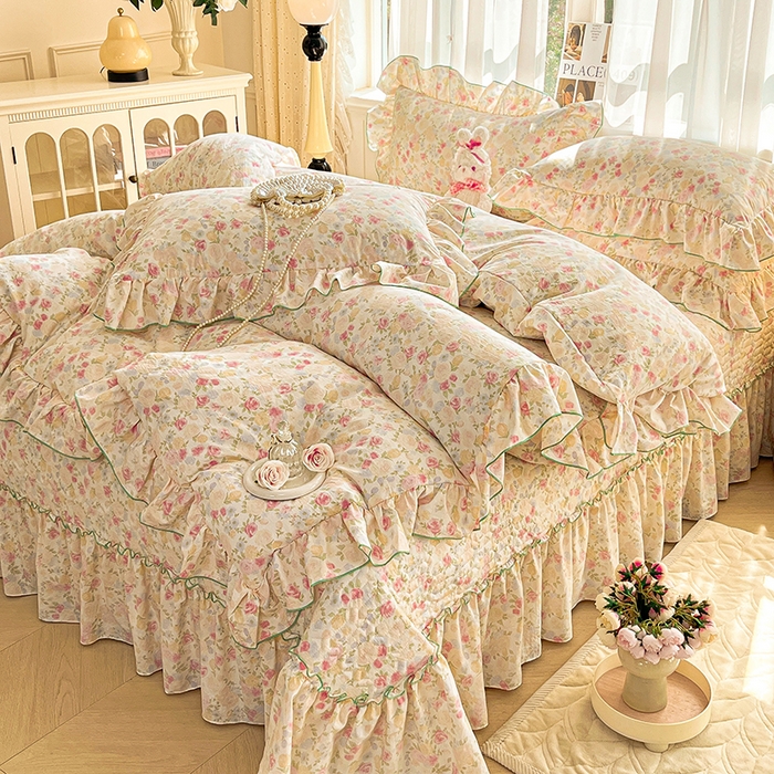 91家纺网 家纺一手货源 找家纺 孟鑫家纺 2026韩版法式公主风水洗棉床盖款多功能二合一被套 夏被床盖四件套-小清新系列 春日礼盒