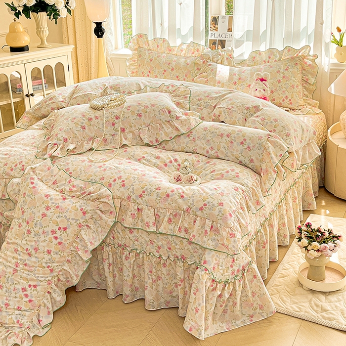 91家纺网 家纺一手货源 找家纺 孟鑫家纺 2026韩版法式公主风水洗棉床盖款多功能二合一被套 夏被床盖四件套-小清新系列 春日礼盒