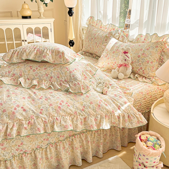 91家纺网 家纺一手货源 找家纺 孟鑫家纺 2026韩版法式公主风水洗棉床盖款多功能二合一被套 夏被床盖四件套-小清新系列 春日礼盒