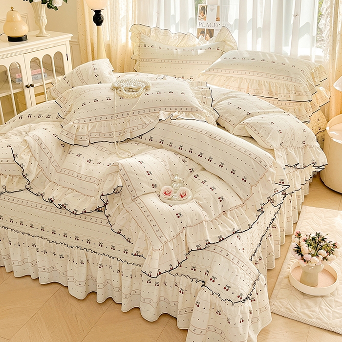 91家纺网 家纺一手货源 找家纺 孟鑫家纺 2026韩版法式公主风水洗棉床盖款多功能二合一被套 夏被床盖四件套-小清新系列 桃心小镇