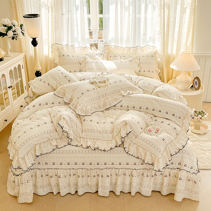 91家纺网 家纺一手货源 找家纺 孟鑫家纺 2026韩版法式公主风水洗棉床盖款多功能二合一被套 夏被床盖四件套-小清新系列 桃心小镇