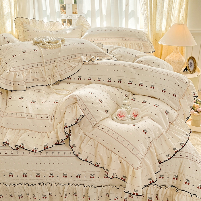 91家纺网 家纺一手货源 找家纺 孟鑫家纺 2026韩版法式公主风水洗棉床盖款多功能二合一被套 夏被床盖四件套-小清新系列 桃心小镇