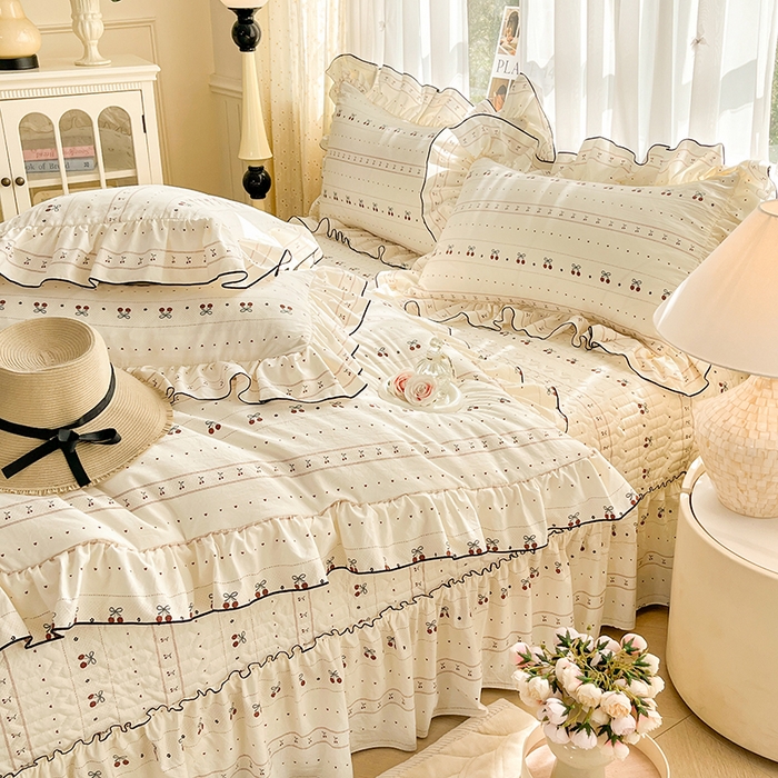 91家纺网 家纺一手货源 找家纺 孟鑫家纺 2026韩版法式公主风水洗棉床盖款多功能二合一被套 夏被床盖四件套-小清新系列 桃心小镇