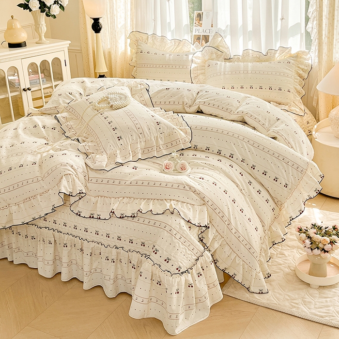 91家纺网 家纺一手货源 找家纺 孟鑫家纺 2026韩版法式公主风水洗棉床盖款多功能二合一被套 夏被床盖四件套-小清新系列 桃心小镇