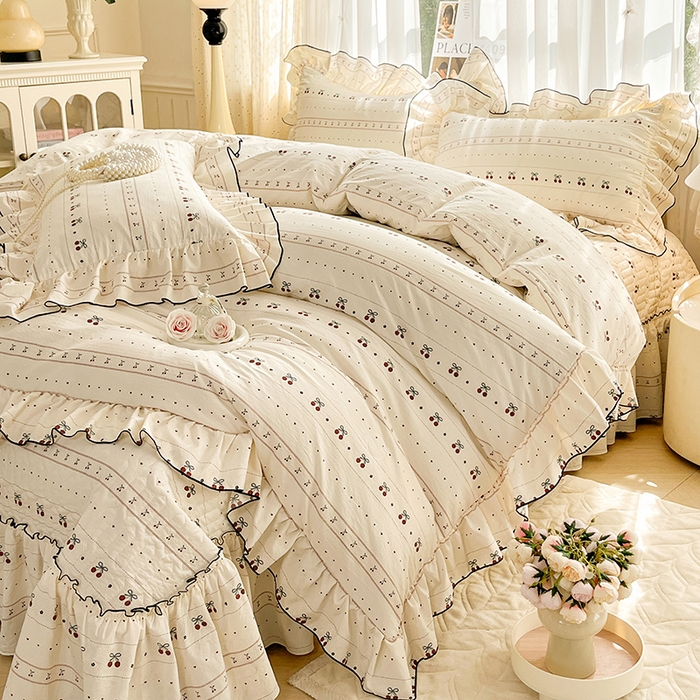 91家纺网 家纺一手货源 找家纺 孟鑫家纺 2026韩版法式公主风水洗棉床盖款多功能二合一被套 夏被床盖四件套-小清新系列 桃心小镇