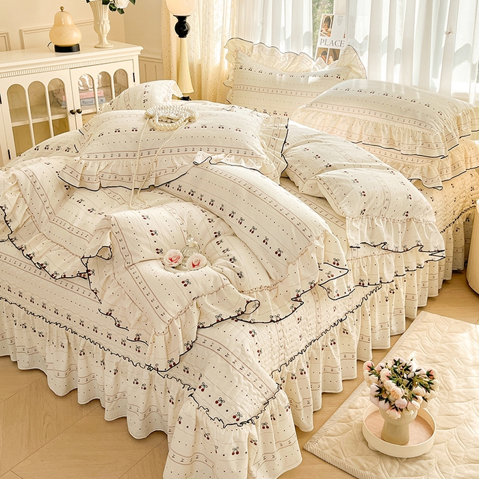 91家纺网 家纺一手货源 找家纺 孟鑫家纺 2026韩版法式公主风水洗棉床盖款多功能二合一被套 夏被床盖四件套-小清新系列 桃心小镇