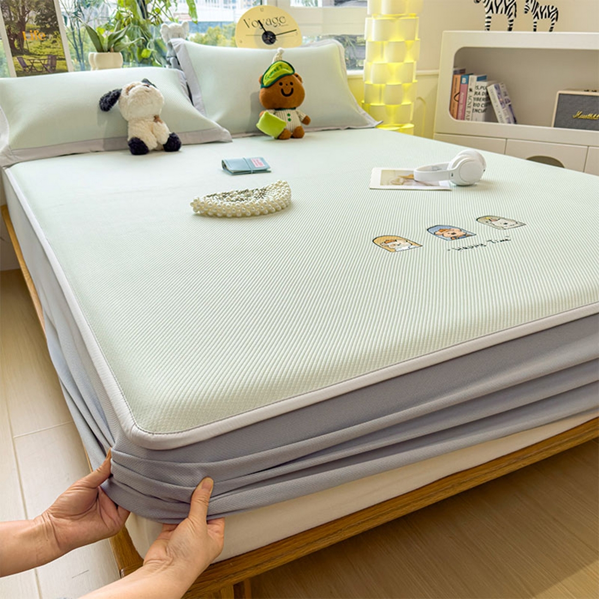 91家纺网 家纺一手货源 找家纺 莱家富 2026新款可机洗冰豆豆冰丝席凉席a类母婴级凉感值过0.21夏天床笠款软席子夏季 床笠款-萌趣时光