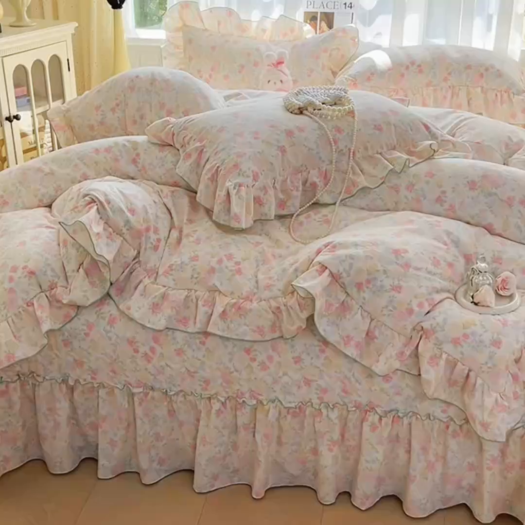 91家纺网 家纺一手货源 找家纺 孟鑫家纺 2026韩版法式公主风水洗棉床盖款多功能二合一被套 夏被床盖四件套-小清新系列 春日礼盒