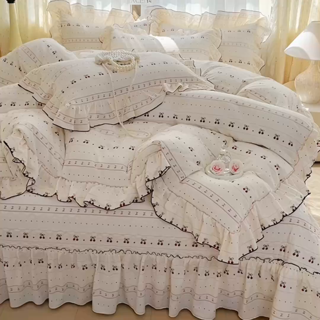 91家纺网 家纺一手货源 找家纺 孟鑫家纺 2026韩版法式公主风水洗棉床盖款多功能二合一被套 夏被床盖四件套-小清新系列 桃心小镇