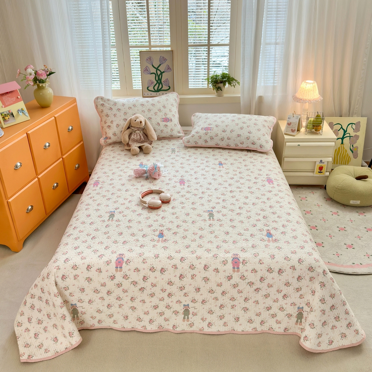 91家纺网 家纺一手货源 找家纺 云玲时尚 2026新款三角针泡芙夏被四件套系列 粉衣小兔