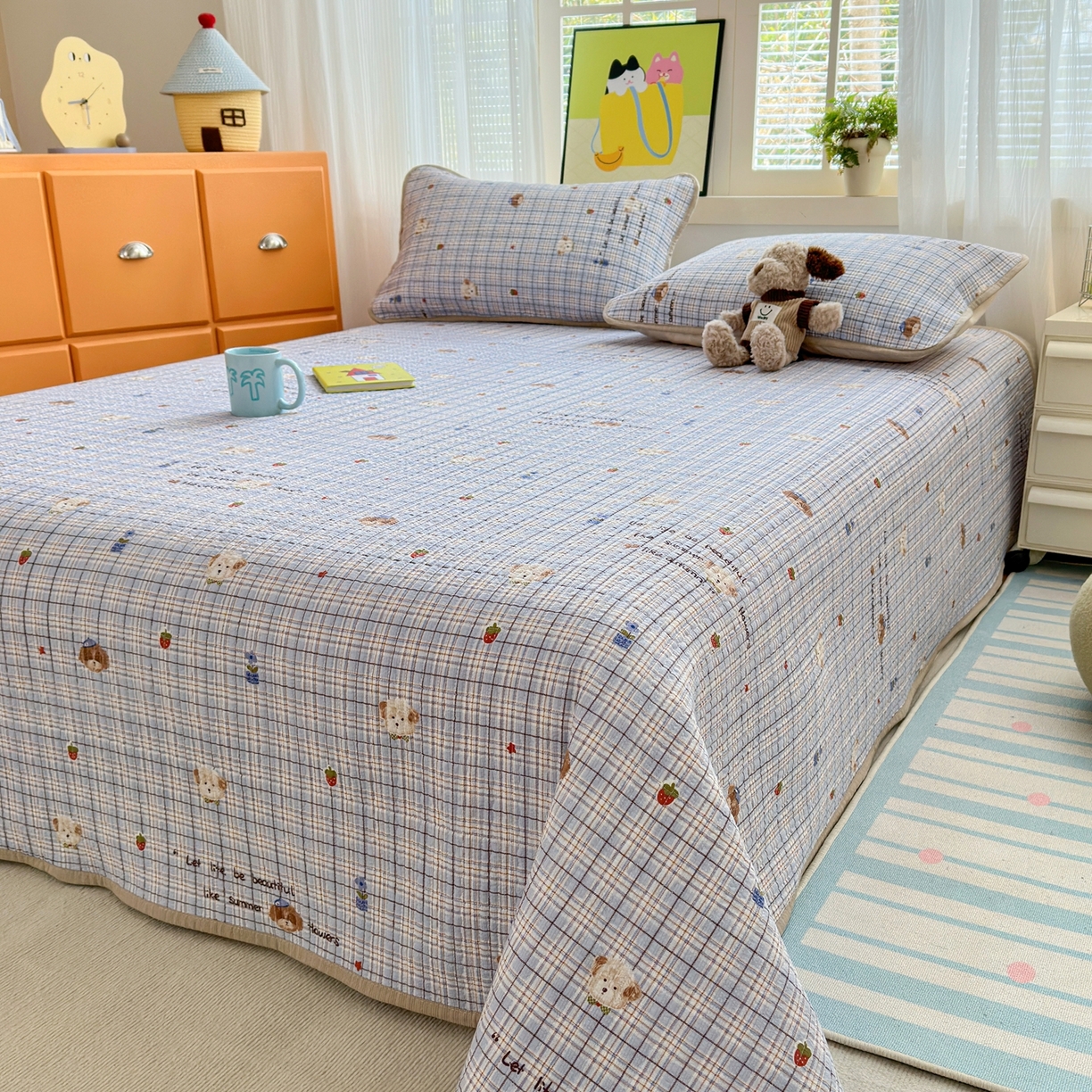 91家纺网 家纺一手货源 找家纺 云玲时尚 2026新款三角针泡芙夏被四件套系列 蓝格栗