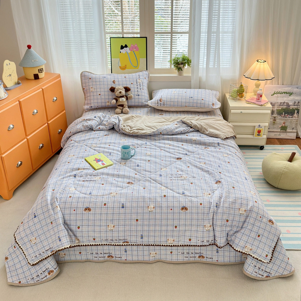 91家纺网 家纺一手货源 找家纺 云玲时尚 2026新款三角针泡芙夏被四件套系列 蓝格栗