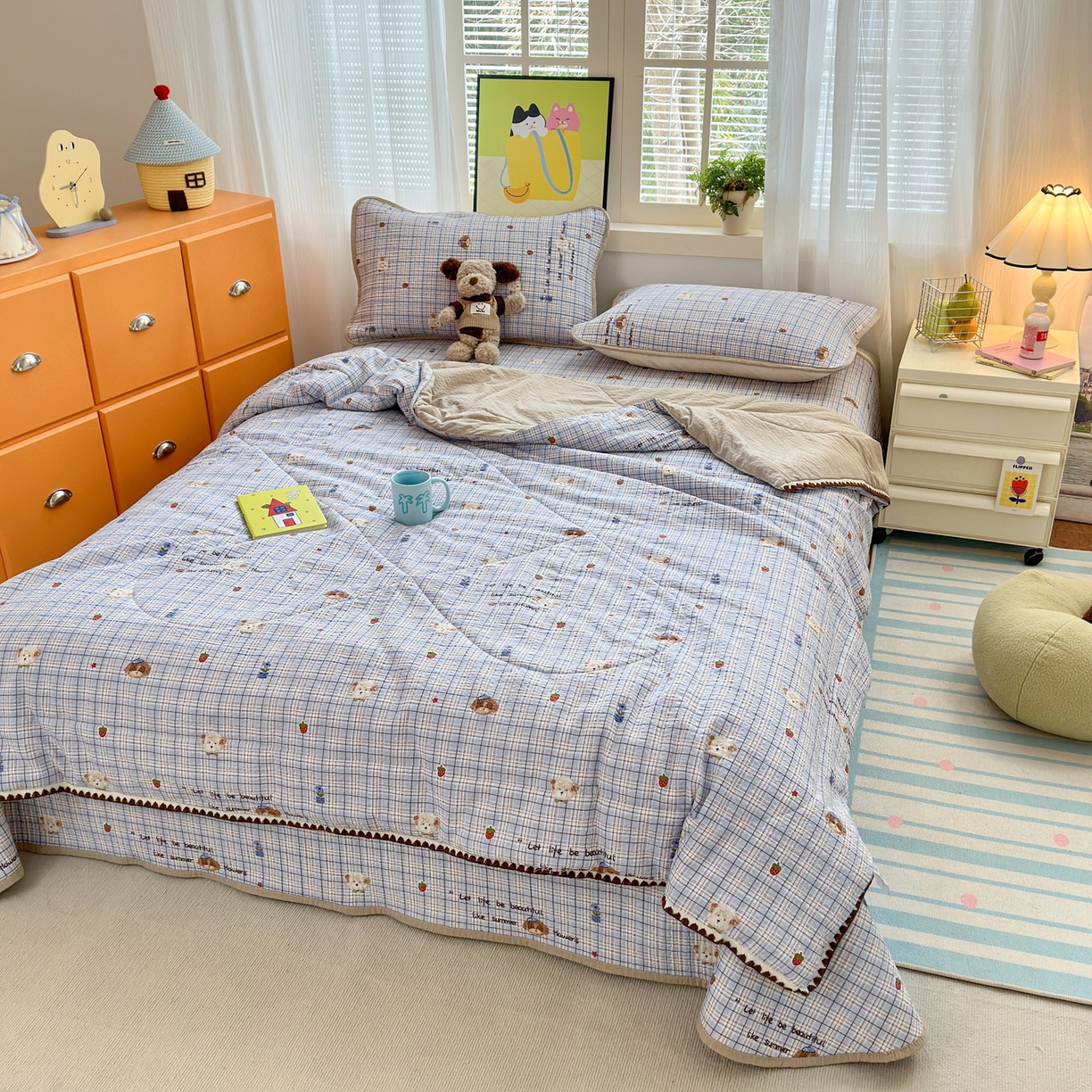 91家纺网 家纺一手货源 找家纺 云玲时尚 2026新款三角针泡芙夏被四件套系列 蓝格栗