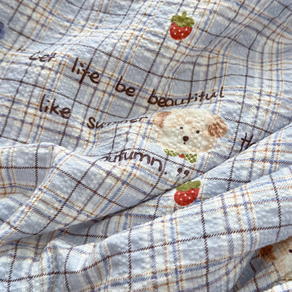 91家纺网 家纺一手货源 找家纺 云玲时尚 2026新款三角针泡芙夏被四件套系列 蓝格栗