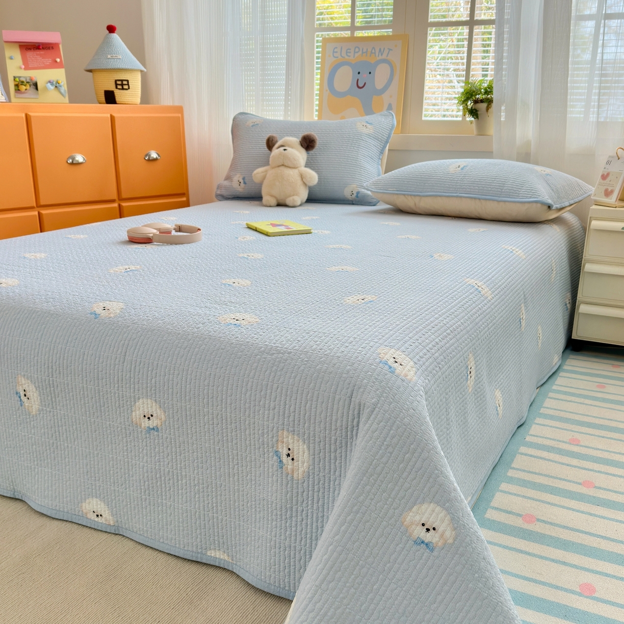 91家纺网 家纺一手货源 找家纺 云玲时尚 2026新款三角针泡芙夏被四件套系列 蓝蓝狗