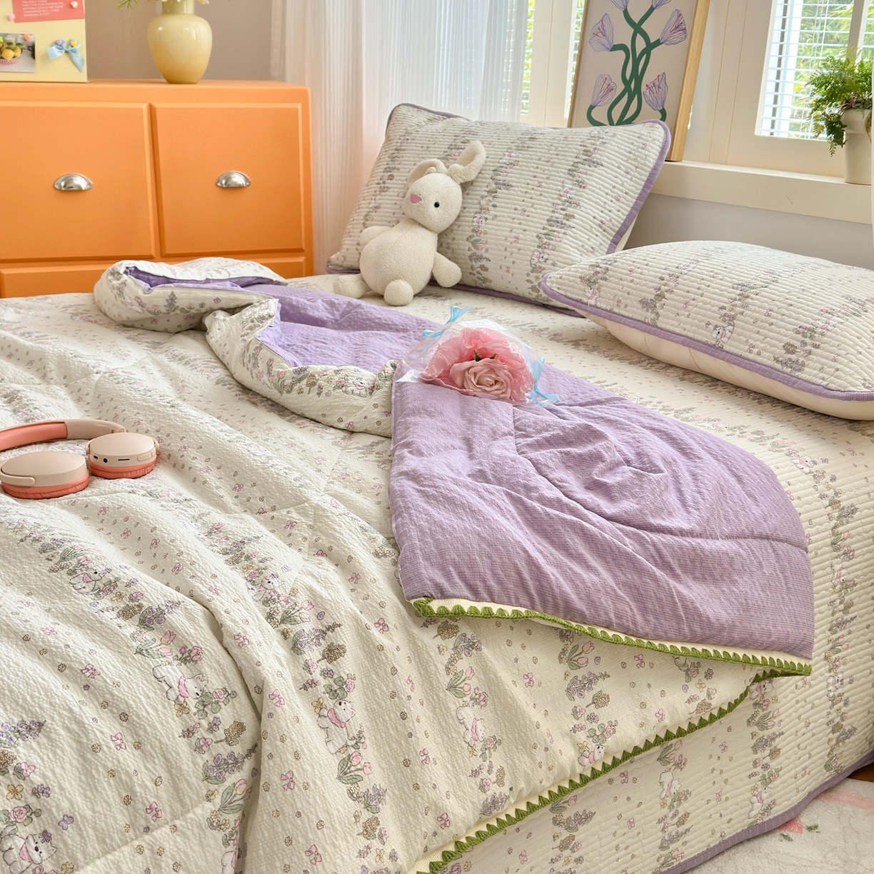 91家纺网 家纺一手货源 找家纺 云玲时尚 2026新款三角针泡芙夏被四件套系列 萌狗