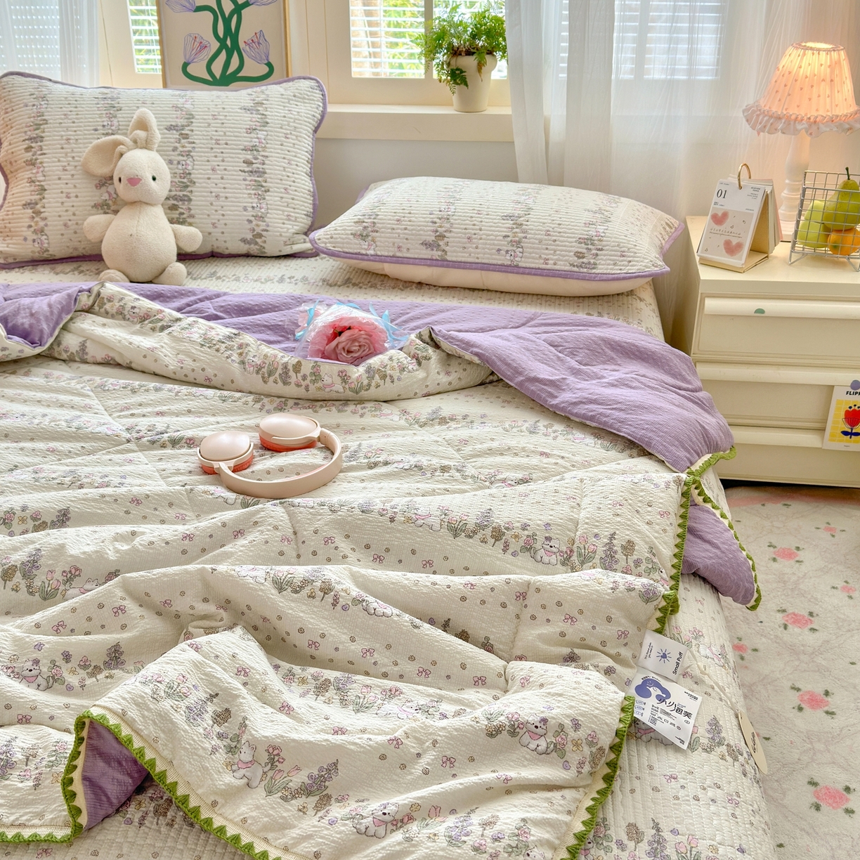 91家纺网 家纺一手货源 找家纺 云玲时尚 2026新款三角针泡芙夏被四件套系列 萌狗