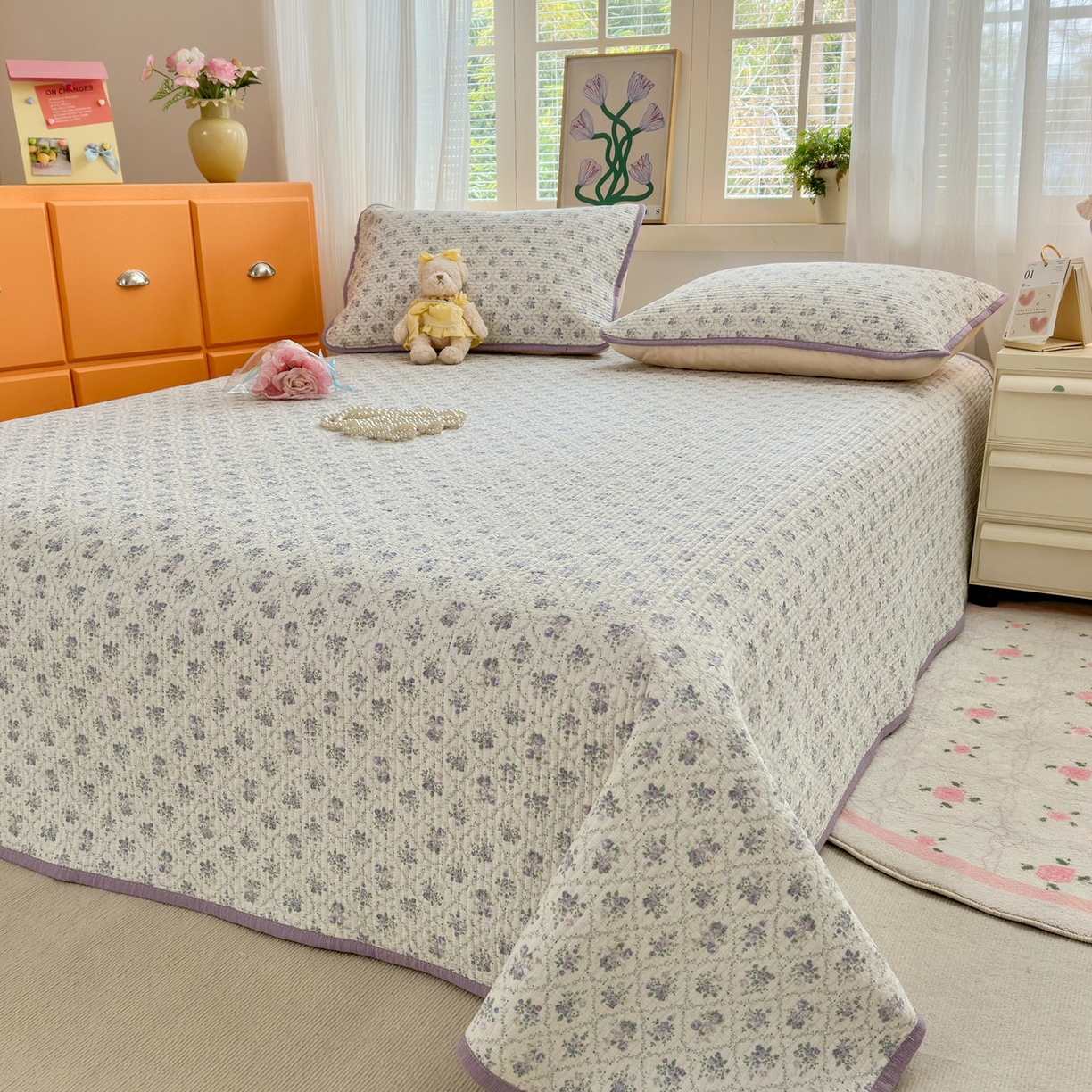 91家纺网 家纺一手货源 找家纺 云玲时尚 2026新款三角针泡芙夏被四件套系列 柔紫漫花