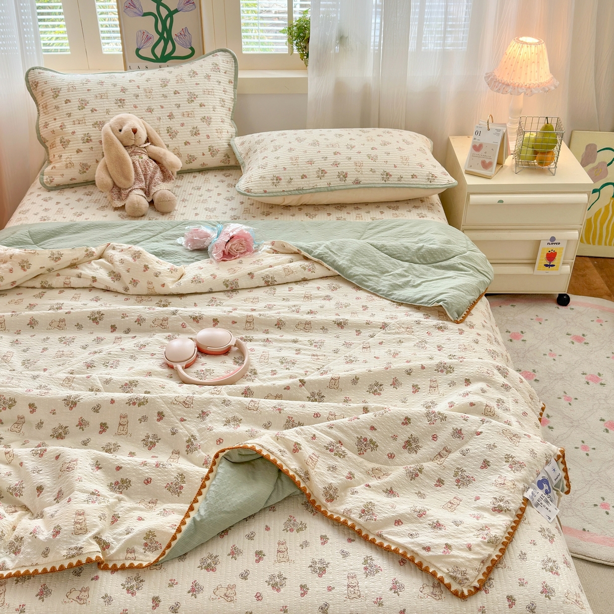 91家纺网 家纺一手货源 找家纺 云玲时尚 2026新款三角针泡芙夏被四件套系列 碎花兔