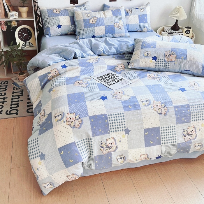 91家纺网 家纺一手货源 找家纺 朵朵家纺 2026新款高级感轻奢复古美拉德色系双层纱泡芙棉床品四件套加厚水洗双层纱软 蓝色泡芙狗