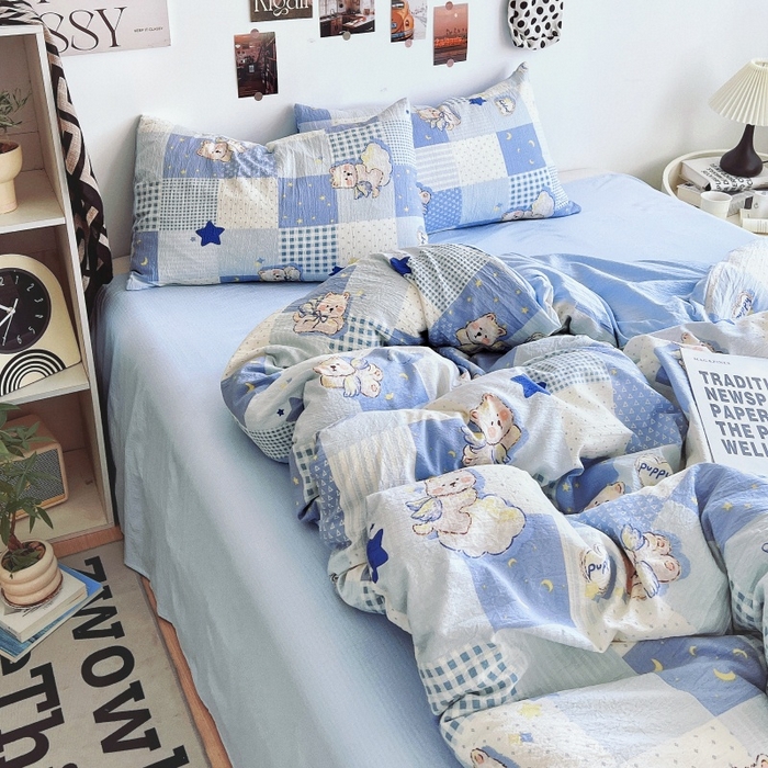 91家纺网 家纺一手货源 找家纺 朵朵家纺 2026新款高级感轻奢复古美拉德色系双层纱泡芙棉床品四件套加厚水洗双层纱软 蓝色泡芙狗