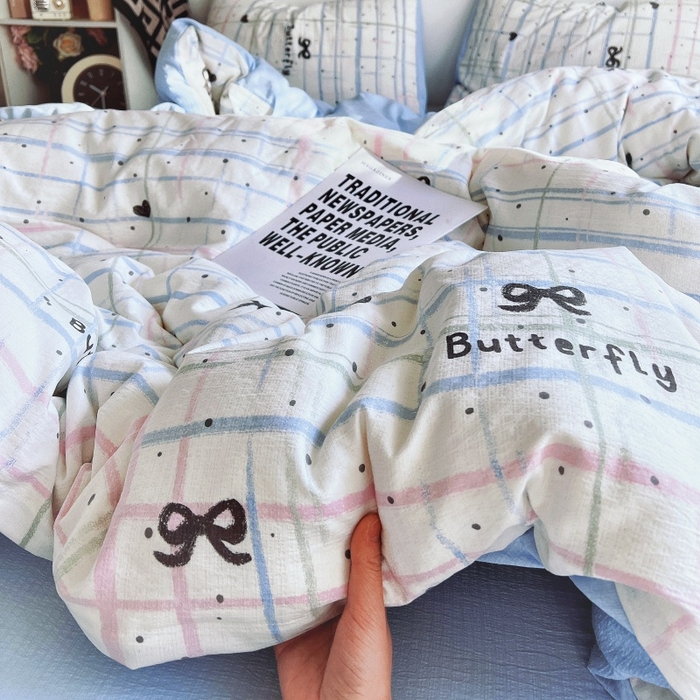 91家纺网 家纺一手货源 找家纺 朵朵家纺 2026新款高级感轻奢复古美拉德色系双层纱泡芙棉床品四件套加厚水洗双层纱软 盐系格绊