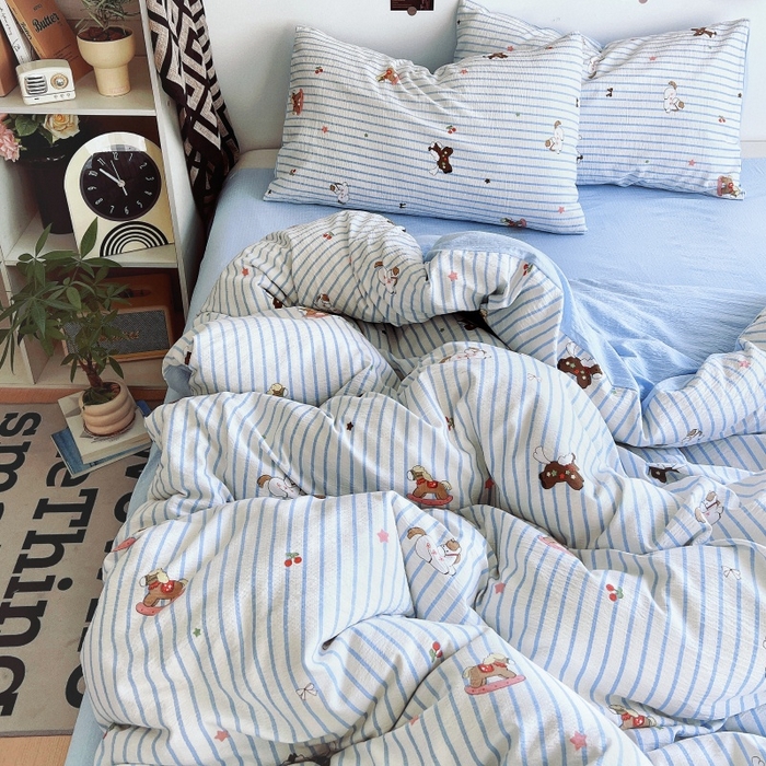 91家纺网 家纺一手货源 找家纺 朵朵家纺 2026新款高级感轻奢复古美拉德色系双层纱泡芙棉床品四件套加厚水洗双层纱软 木马拾光