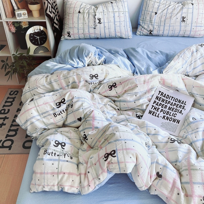 91家纺网 家纺一手货源 找家纺 朵朵家纺 2026新款高级感轻奢复古美拉德色系双层纱泡芙棉床品四件套加厚水洗双层纱软 盐系格绊