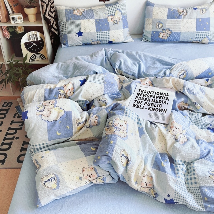 91家纺网 家纺一手货源 找家纺 朵朵家纺 2026新款高级感轻奢复古美拉德色系双层纱泡芙棉床品四件套加厚水洗双层纱软 蓝色泡芙狗