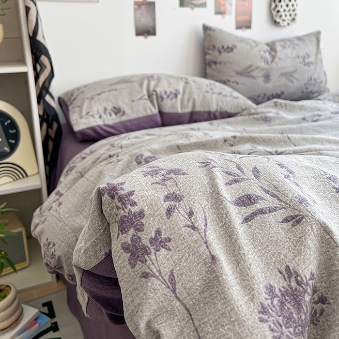 91家纺网 家纺一手货源 找家纺 朵朵家纺 2026新款高级感轻奢复古美拉德色系双层纱泡芙棉床品四件套加厚水洗双层纱软 紫苏