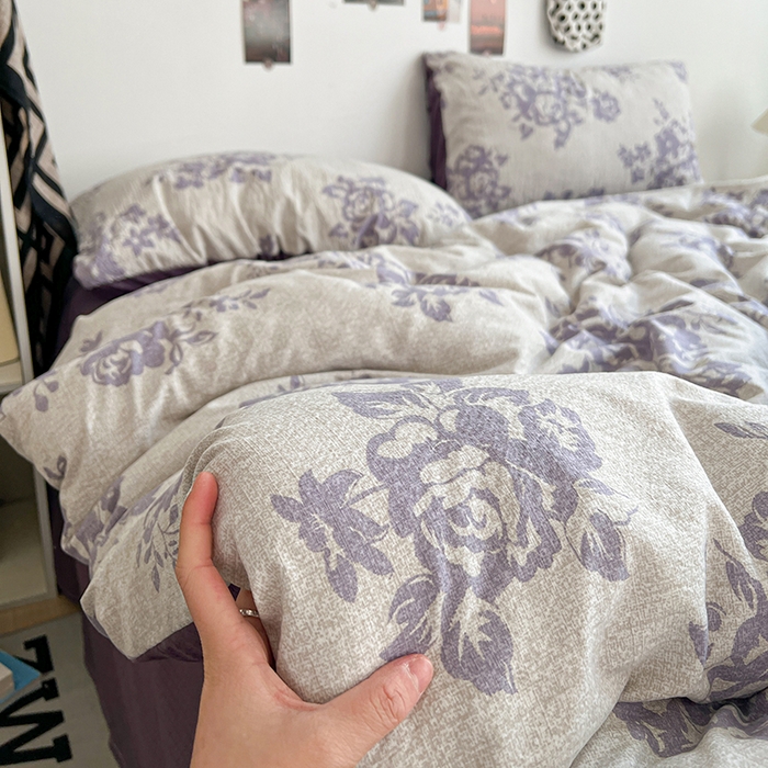 91家纺网 家纺一手货源 找家纺 朵朵家纺 2026新款高级感轻奢复古美拉德色系双层纱泡芙棉床品四件套加厚水洗双层纱软 紫韵