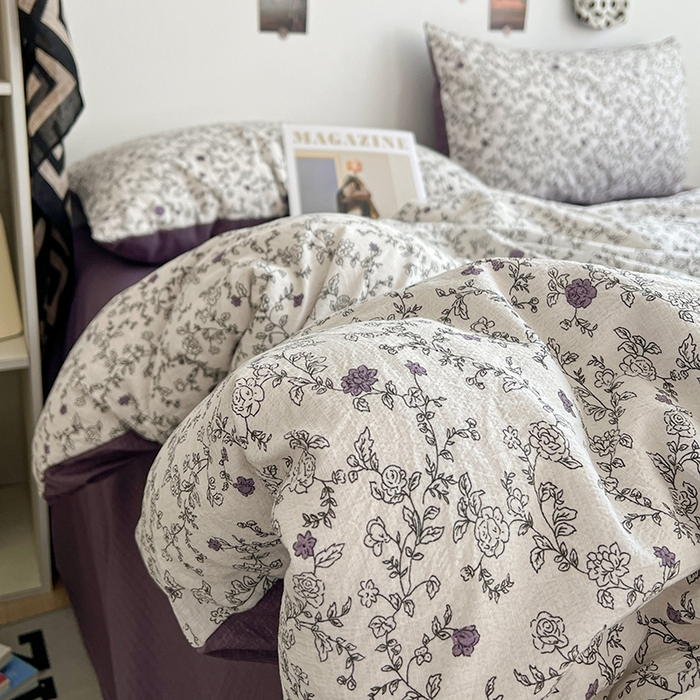 91家纺网 家纺一手货源 找家纺 朵朵家纺 2026新款高级感轻奢复古美拉德色系双层纱泡芙棉床品四件套加厚水洗双层纱软 春风拂梦