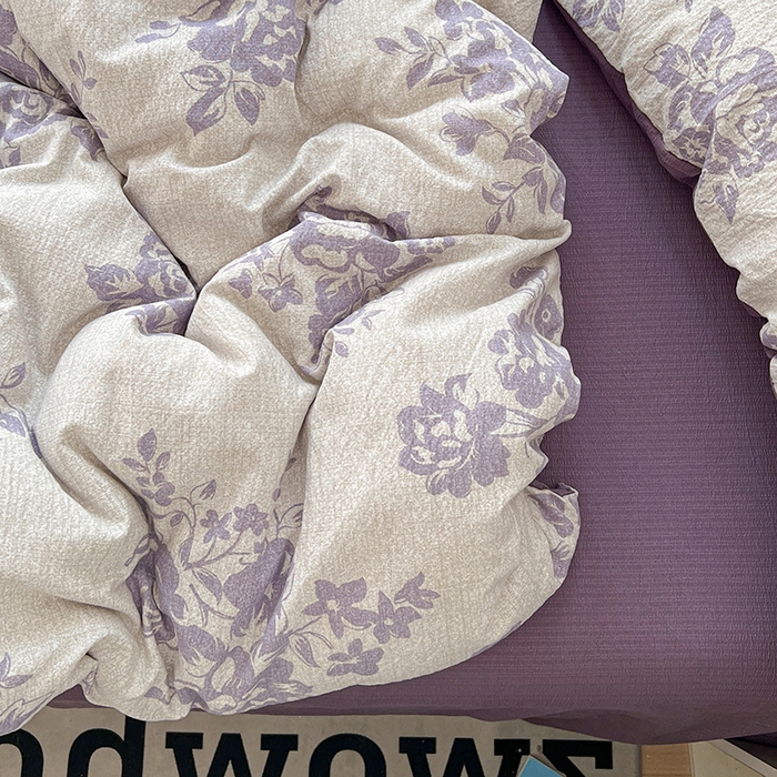 91家纺网 家纺一手货源 找家纺 朵朵家纺 2026新款高级感轻奢复古美拉德色系双层纱泡芙棉床品四件套加厚水洗双层纱软 紫韵