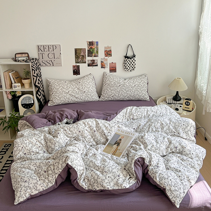 91家纺网 家纺一手货源 找家纺 朵朵家纺 2026新款高级感轻奢复古美拉德色系双层纱泡芙棉床品四件套加厚水洗双层纱软 春风拂梦