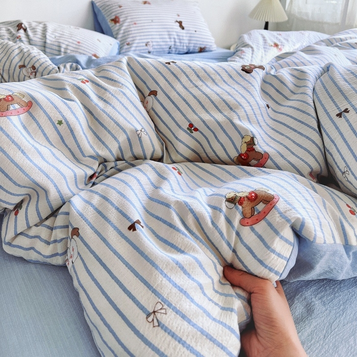 91家纺网 家纺一手货源 找家纺 朵朵家纺 2026新款高级感轻奢复古美拉德色系双层纱泡芙棉床品四件套加厚水洗双层纱软 木马拾光